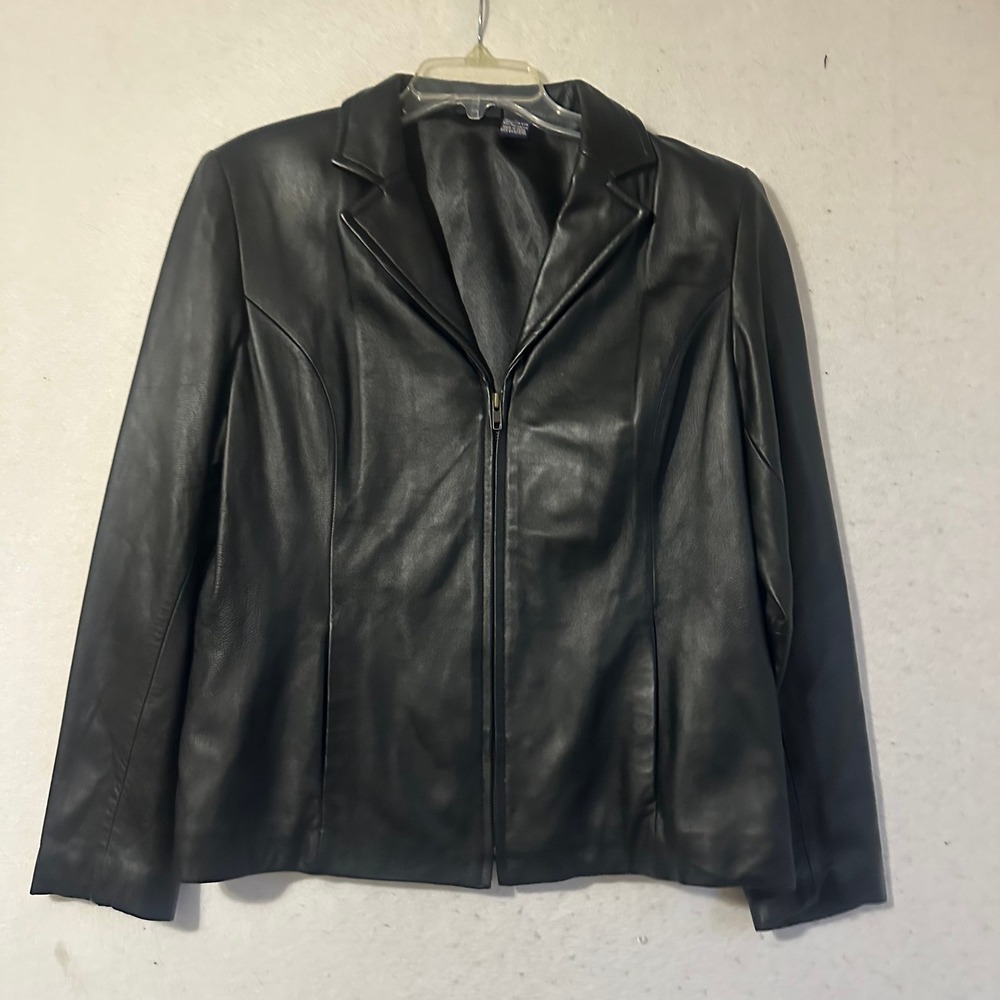 Hillard & Hanson Black Lambskin Leather Jacket Full Zip Notched Lapel L